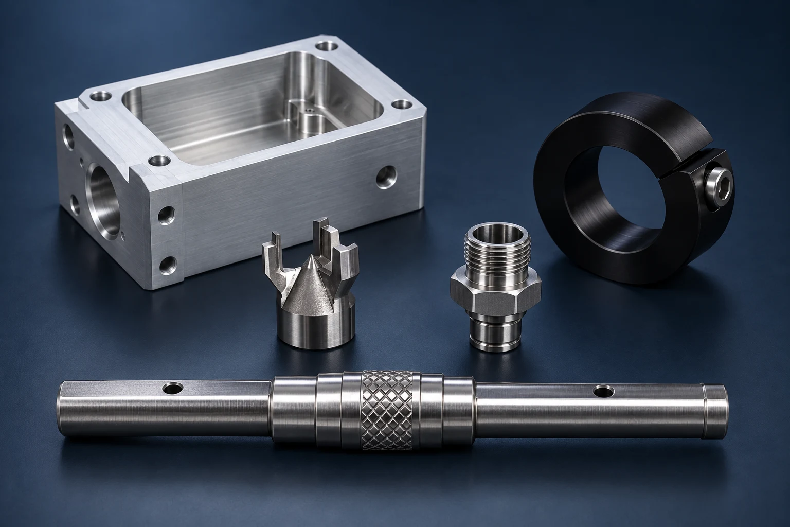 Reference rendering of a machined housing, black collar and complex turned components